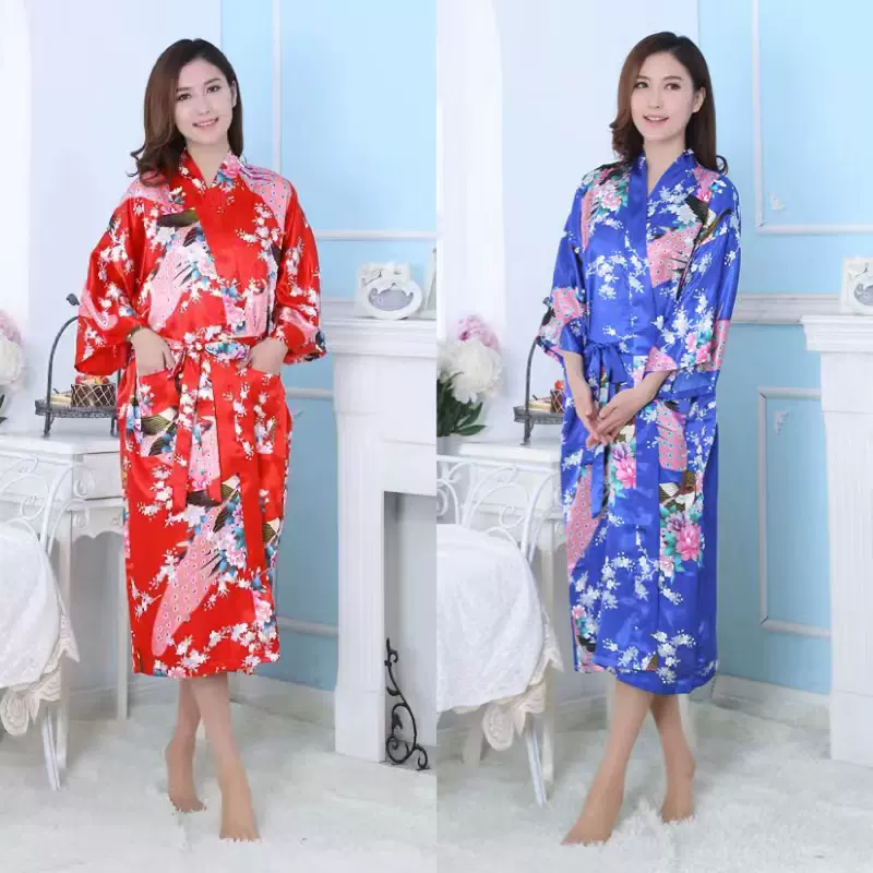 跨境冰丝孔雀睡袍女士夏季长款开衫袍薄款中桑丝绸色丁和服浴袍