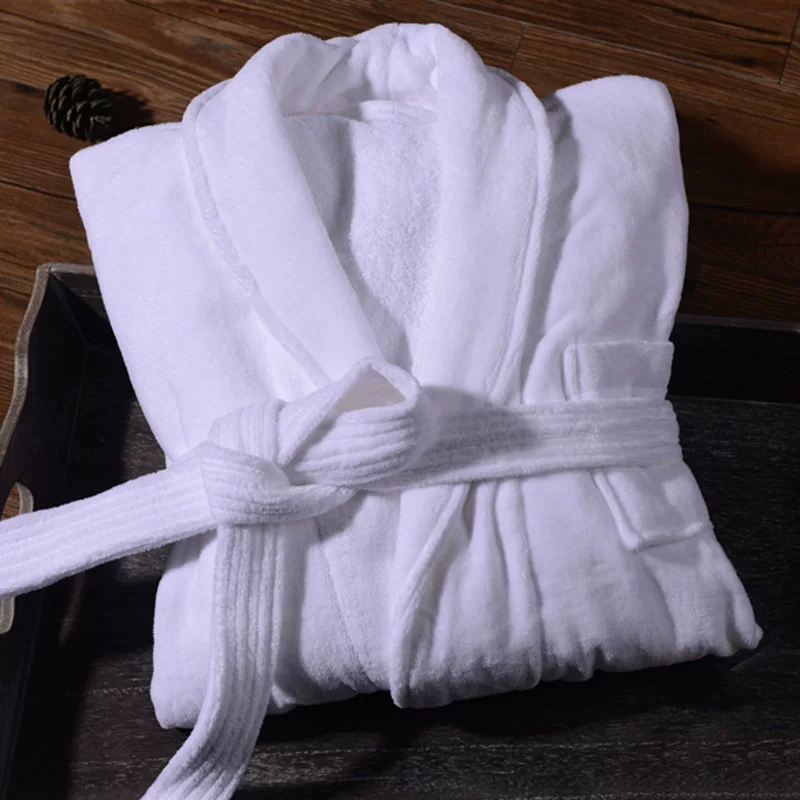 Velvet soft bathrobe, white cotton towel