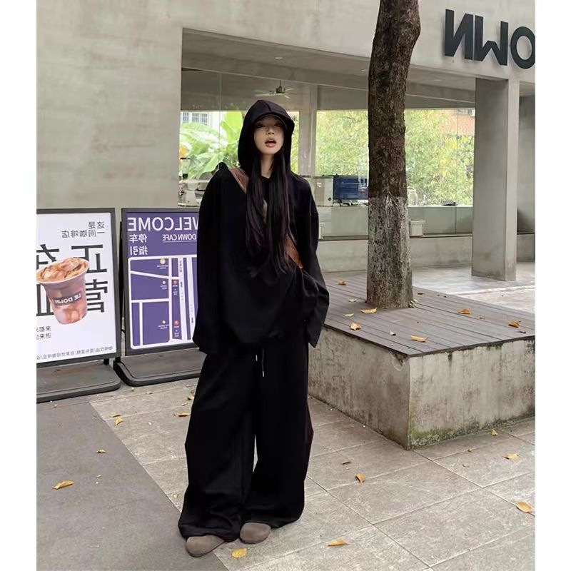 Korean Style Sweatshirt Sports Suit for Women in Early Autumn and Winter, High-End Lazy Style Casual Wear, Wide-Leg Pants Two-Piece Set