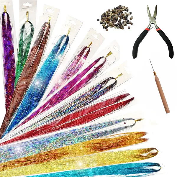 Cross-Border Hair Extensions Tinselhair Laser Pet Gold Hair Set Shiny Onion Silk Wig Multicolor Illusion