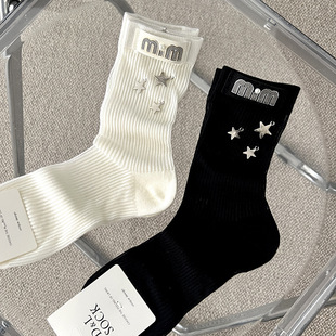 European Light Luxury Decorative Leather Label Metal Star Spring and Summer Thin Women's Socks Crystal Silk Jewelry Socks Handmade Heavy Industry