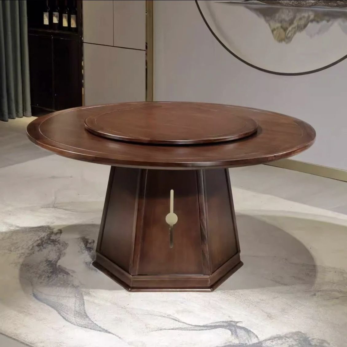 加厚乌金木中式全实木圆形餐桌椅组合带转盘现代简约风格其他绢花