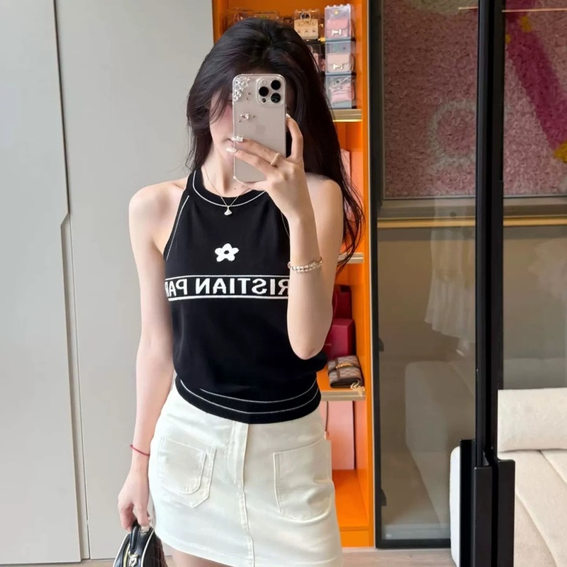 韩系撞色字母挂脖针织吊带背心女夏外穿修身高级感辣妹无袖上衣|undefined
