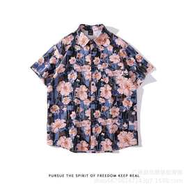 港风复古vintage油画花短袖衬衫男女宽松夏季情侣夏威夷沙滩衬衣