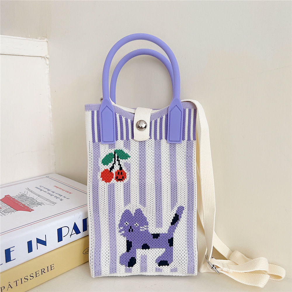 108g Weight Polyester Lining Material Buckle Closure Type Top Handle Strap Type Handbag Bags Type Casual, Daily Occasion Knit Material Cat Pattern All Seasons Season Women's Gender Vintage Style, Classic Style Style Bucket Shape Small Size Women's Small Knit Cat Vintage Style Classic Style Bucket Buckle Handbag 23