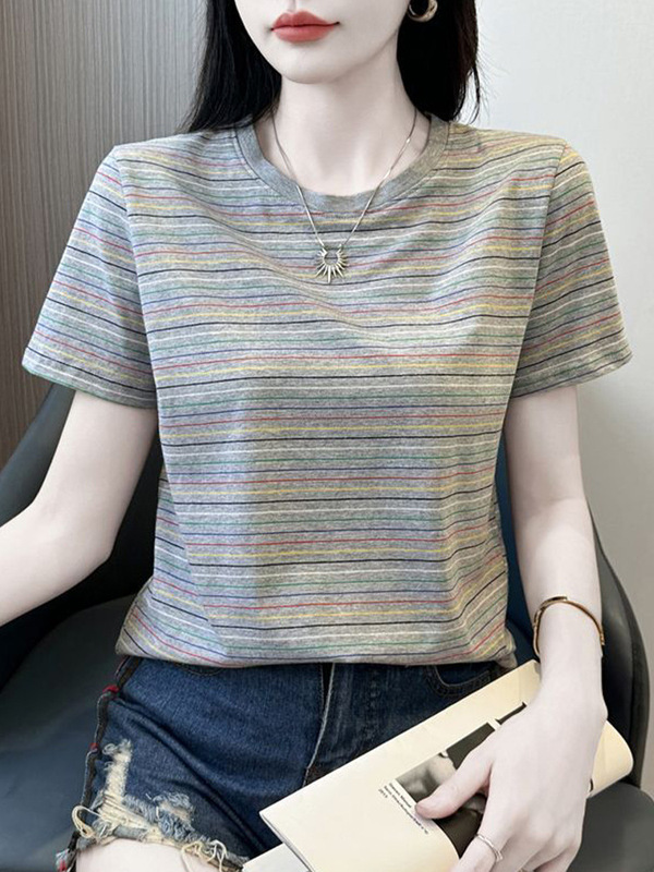 棉质条纹短袖t恤女2025新款夏季正肩宽松显瘦圆领高端半袖体恤衫|undefined