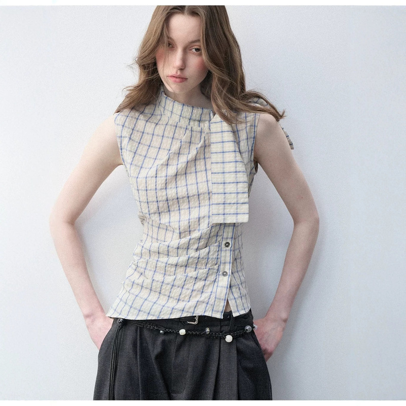 Luamoss "All-Cotton" Plaid Turtleneck Tie-Waist Top for Women, New Slim-Fit Elegant Versatile Shirt