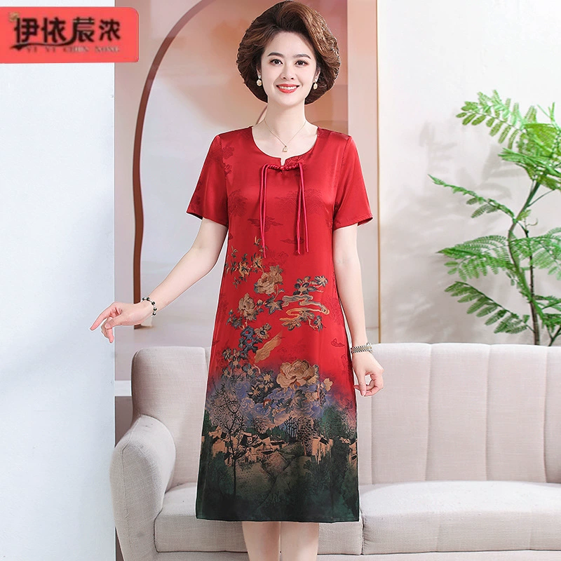 Физический оптовая продажа с круглым вырезом с короткими рукавами платье мама летнее платье новый искусственный шелк атласный