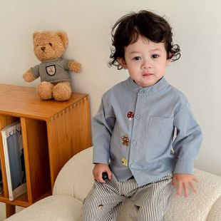 Children's Fashion Label Shirt 2025 New Autum Boys' Style Korean Style Pure Color Shirt Baby Stand Collar Autum Clothing