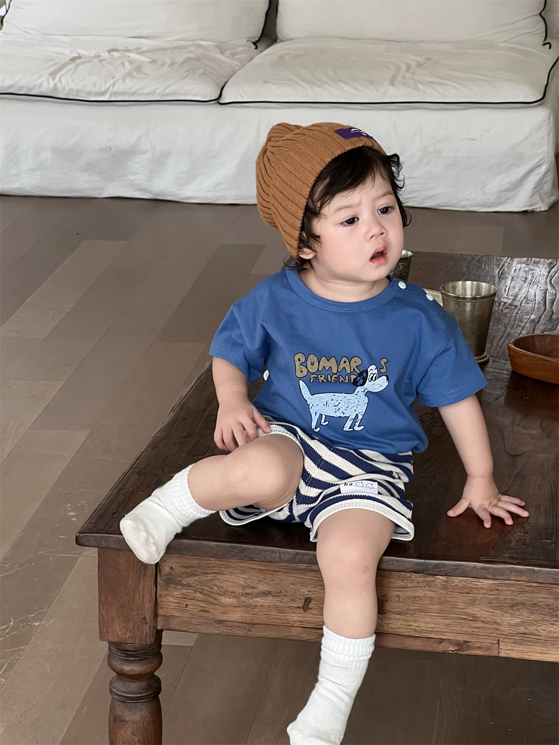男童夏季衣服薄款2026儿童夏装韩版童装宝宝卡通T恤条纹短裤套装