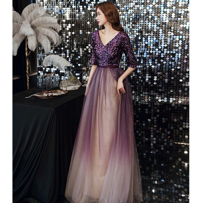 Purple Sequin Gradient Evening Dress Dress 2023 Banquet Temperament Sequin Foreign Trade Host Choral Costume