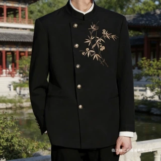 新中式国风中山装男士刺绣西服套装男结婚订婚礼服感西装外套