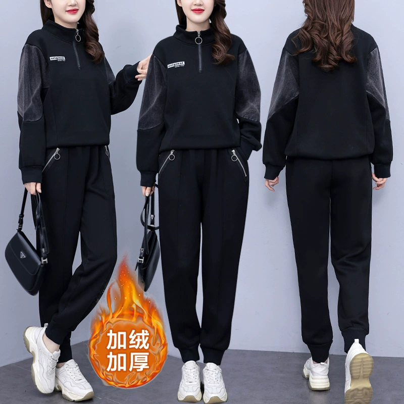 Winter set, fleece denim sweatshirt, plus size, increased thickness