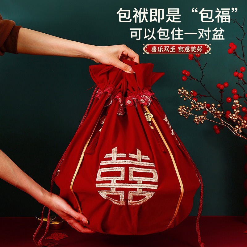 結婚式の巾着刺繍巾着は2つのポットを包むことができ、女性の赤い布、花嫁の持参金、女性の結婚式の巾着は巾着を包むことができます。|undefined