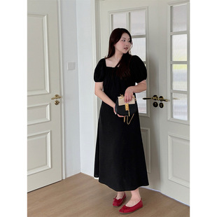 plus size Women's Square Collar Puff Sleeve Tencel dress Sweet and Fresh Elegant Slim-fit Slimming Niche Crewneck Dress