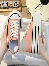 厚底粉色帆布鞋女2023新款韩版休闲鞋增高圆头系带低帮板鞋小白鞋