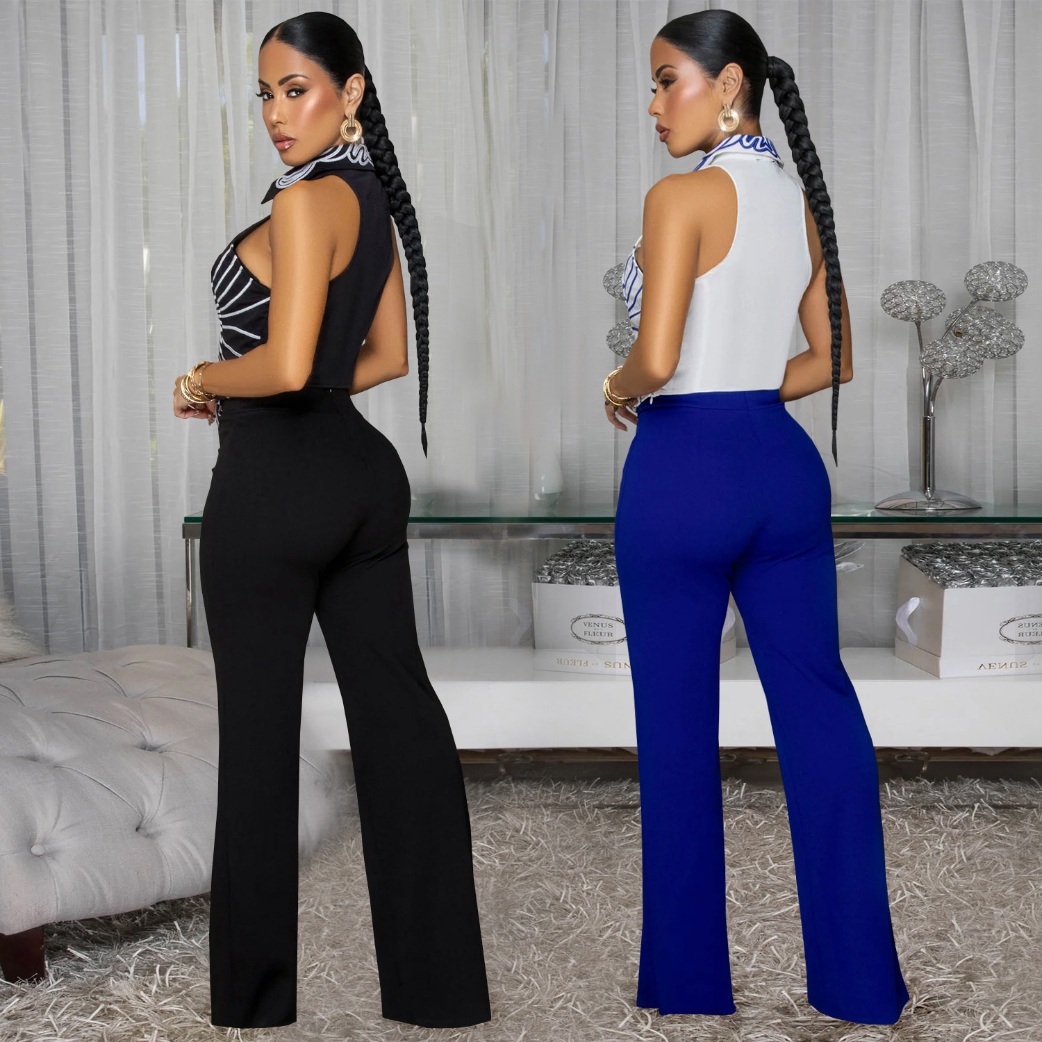 C7452 Cross-border AliExpress Amazon Moda europea y americana Ropa de mujer Temperamento Elegante top estampado Pantalones de dos piezas