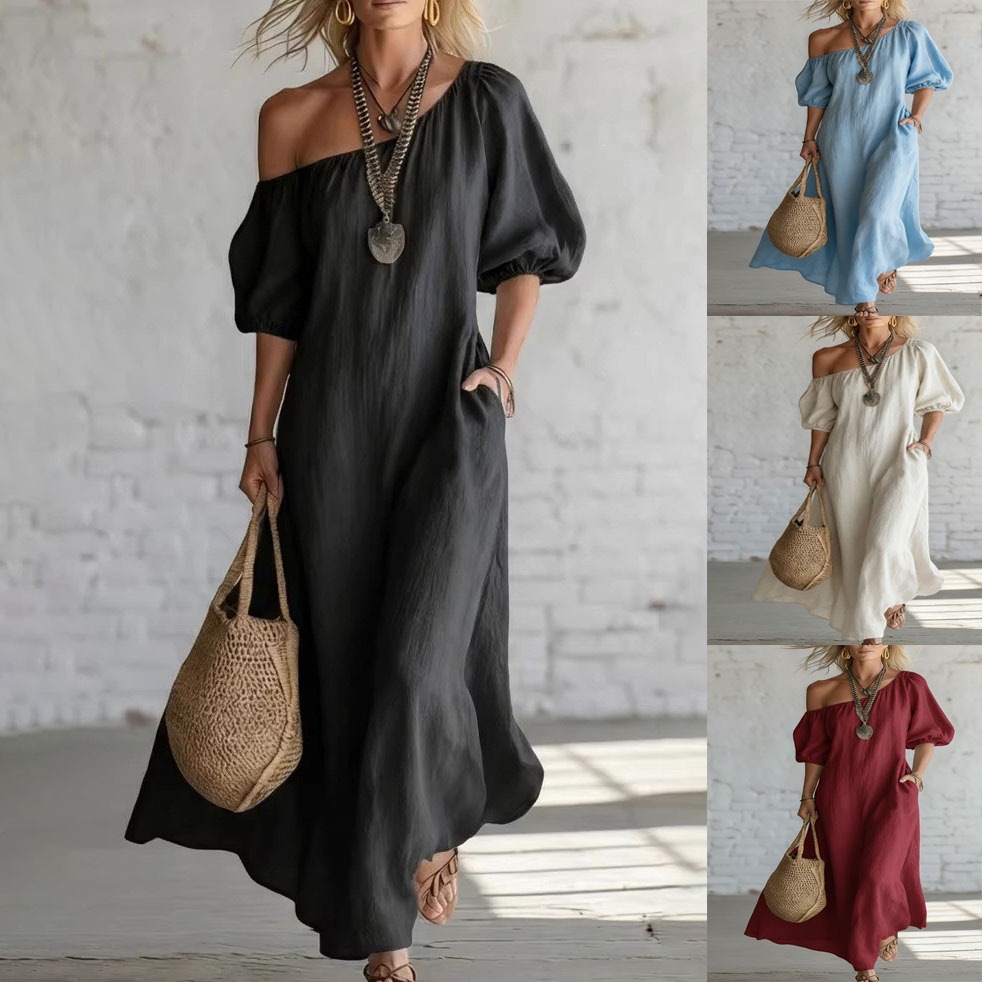2026 Cross-Border European and American Temu Summer Women's Solid Color Loose-Fitting Retro Long Cotton and Linen Dress with an Asymmetrical Shoulder Design