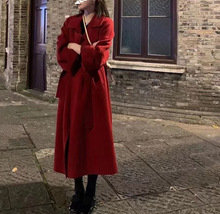 跨境25红色新年战袍西西里慵懒大衣双面羊绒外套女长款秋冬羊毛呢
