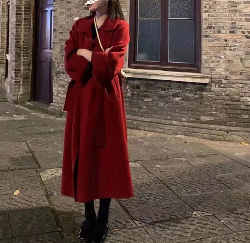 跨境25红色新年战袍西西里慵懒大衣双面羊绒外套女长款秋冬羊毛呢