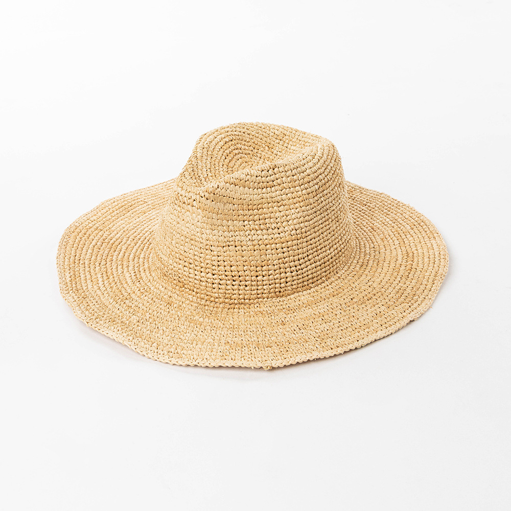 夏季新款编织拉菲草帽女士爵士草帽夏季防晒遮阳草帽 钩针沙滩帽