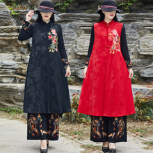 秋季款民族风女装前后绣花马夹长款重工刺绣复古中国风缎面长马甲