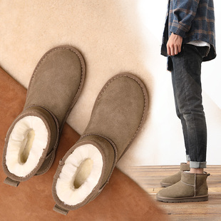 2024 new snow boots men's leather fleece-lined warm non-slip winter short boots snow cotton shoes women's bread shoes