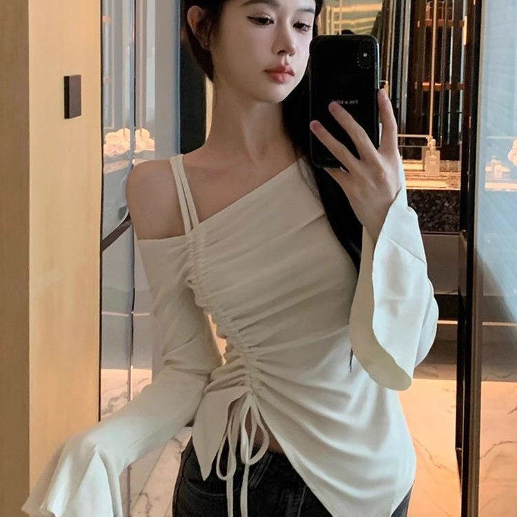 Pure Desire Style Irregular Fashion Spicy Girl Tight-Fitting Top for Women, Spring and Autumn Season, Ruffled Sleeves, Waist-Cinching, Off-Shoulder Base Shirt