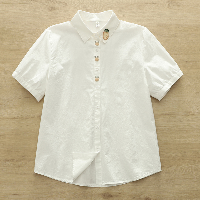 Korean Style New Mushroom Embroidery Cotton Women's Cardigan Short-Sleeved Shirt Cotton Top Wholesale