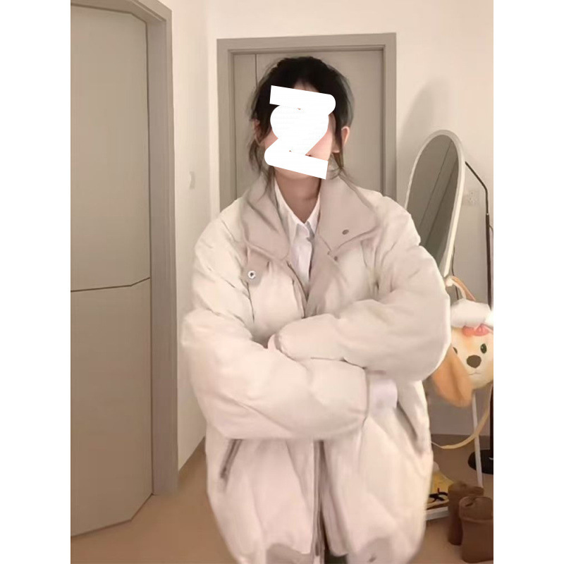 立领学院风菱格撞色拼接棉服外套女冬季加绒宽松学生保暖棉衣棉袄