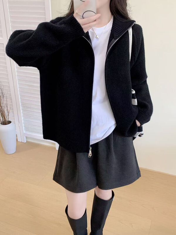 跨境慵懒风毛衣外套女2025秋冬新款韩系纯色立领拉链针织开衫|undefined