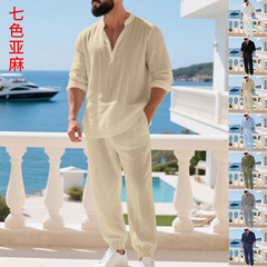 跨境秋季美式宽松亚麻套装夏威夷居家通勤薄款亨利衫长袖长裤套装