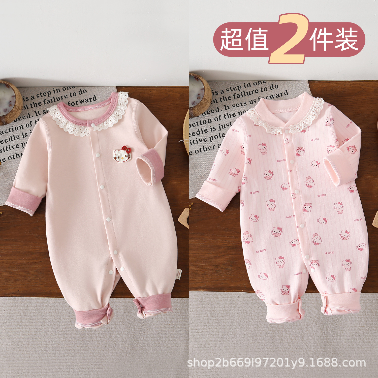 Two-piece set of baby spring and autumn long-sleeved rompers in pink, cute princess style, pure cotton baby jumpsuit for going out