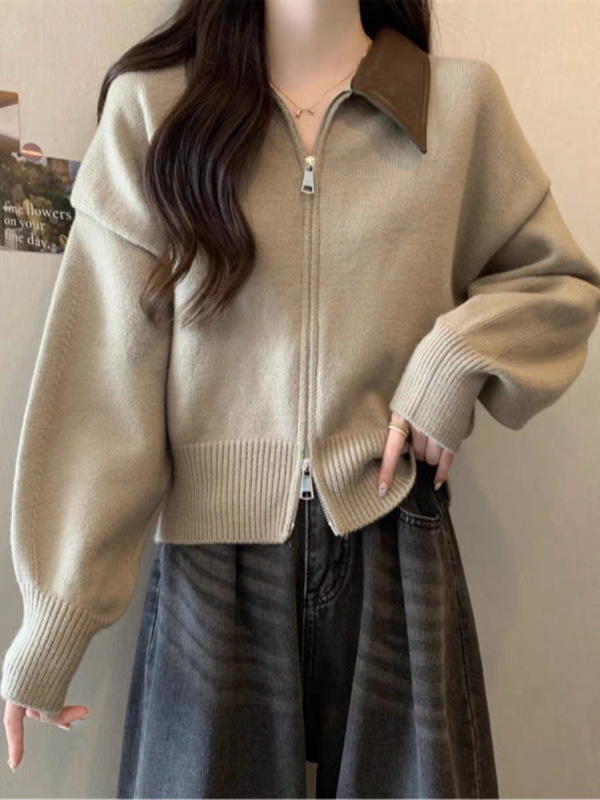 2025秋冬新款双拉链拼接POLO领针织开衫女宽松休闲慵懒风毛衣外套|undefined