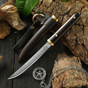 Outdoor Knife Damascus Steel Knife Small Straight Knife Portable Wooden Box Knife Small Ribbed Camping Style Meat Knife Fruit Knife
