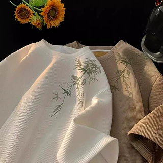 新中式华夫格短袖t恤男款夏季潮牌国风竹子重磅衣服宽松插肩半袖