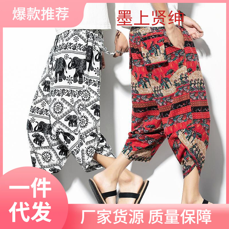 Pantalones anchos de algodón y lino gordo de verano para hombres pantalones de flores recortados sueltos de gran tamaño pantalones de estilo étnico pantalones de elefante tailandés