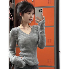 灰色v领坑条长袖内搭打底衫女秋冬软糯毛衣高级感修身针织衫上衣