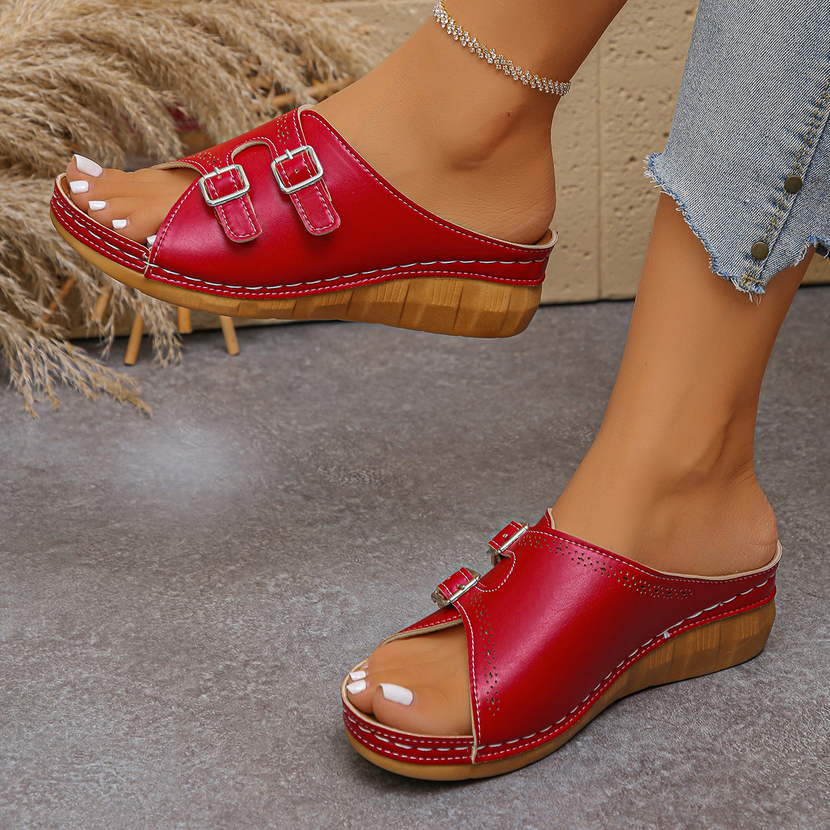 Plus Size Women's Platform Sandals Outdoor Wear Summer Open Toe Double Buckle Hollow Out Design Beach Sandals_voghion.com