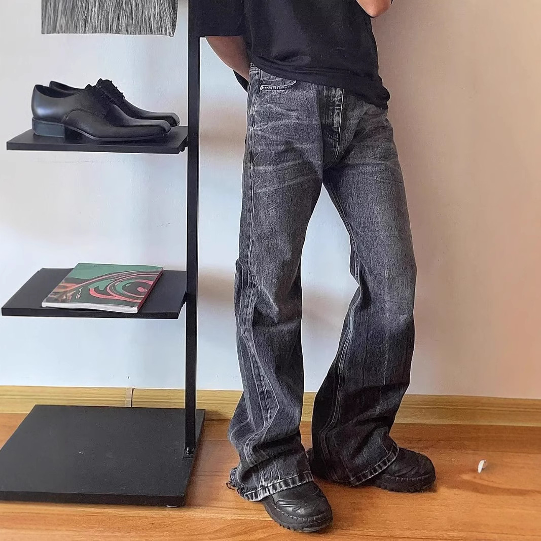 Herrenbekleidung, gewaschene Herren-Jeans – Lässige, gerade geschnittene Freizeitjeans (Schwarz-Grau), Bestseller_voghion.com