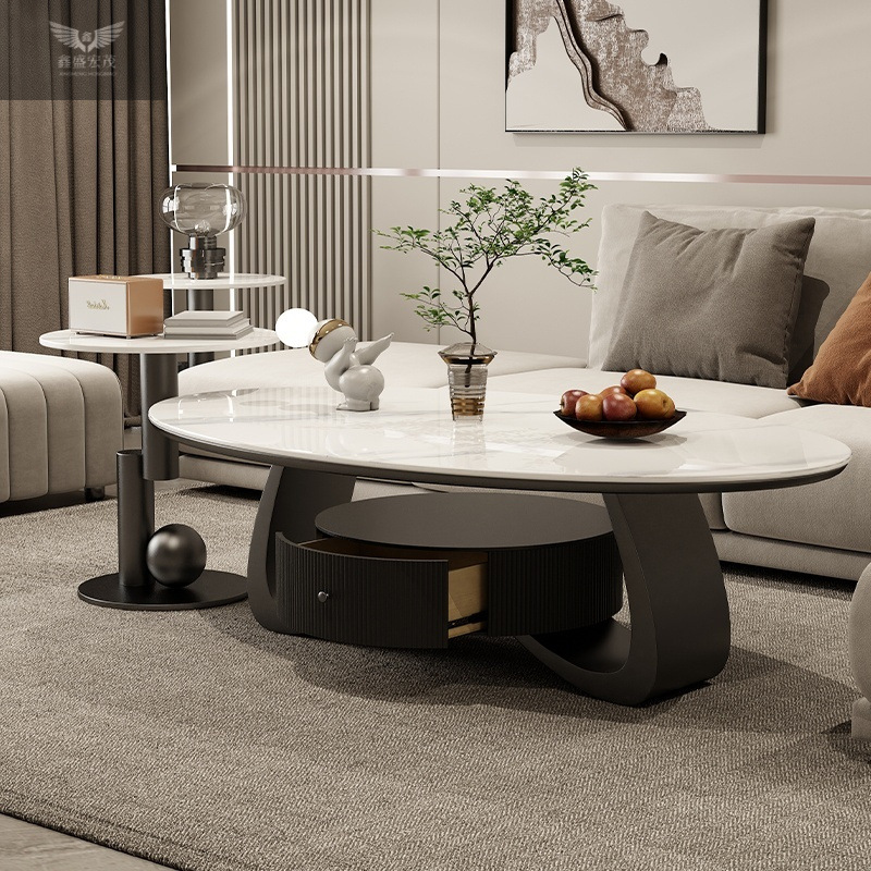 Salón de estar de estilo doméstico mesa de té de tabla de roca de lujo ligera moderna combinación de tamaño oval simple diseñador con tabla de borde