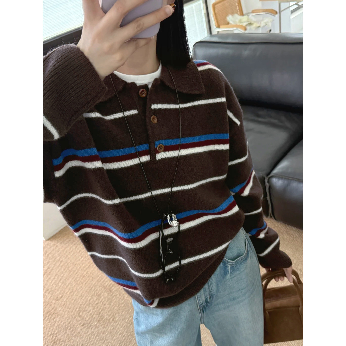 Relaxed Retro Stripesd Loose Knitwear Women's Autum Button Polo Collar Long-Sleeved Versatile Casual Knitwear Top