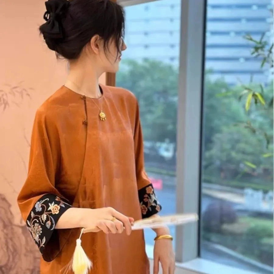 2025 новый новый китайский свободный элегантный топ с рукавом три четверти в стиле Тан, оранжевая жаккардовая рубашка для женщин на весну и лето