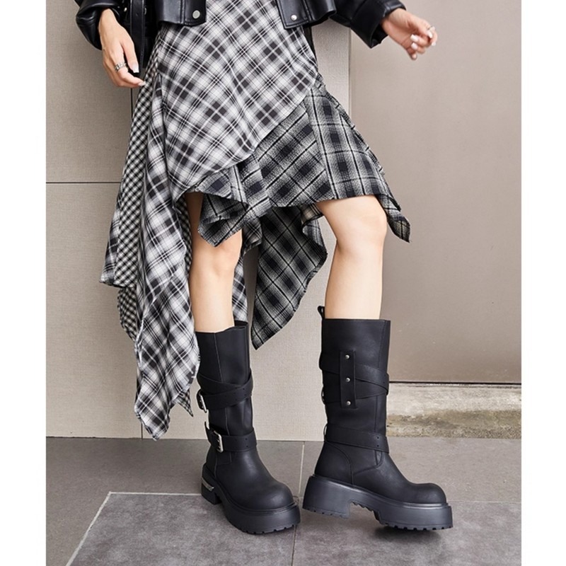 【王小毒】毒液靴●增高6cm~朋克机车靴女粗跟复古中筒西部骑士靴|undefined