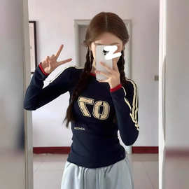 美式复古条纹棉长袖T恤女春秋新款内搭短款打底衫辣妹修身显瘦上