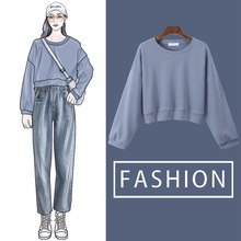 韩版纯色卫衣2022新款秋季女装时尚气质圆领长袖宽松短款百搭上衣