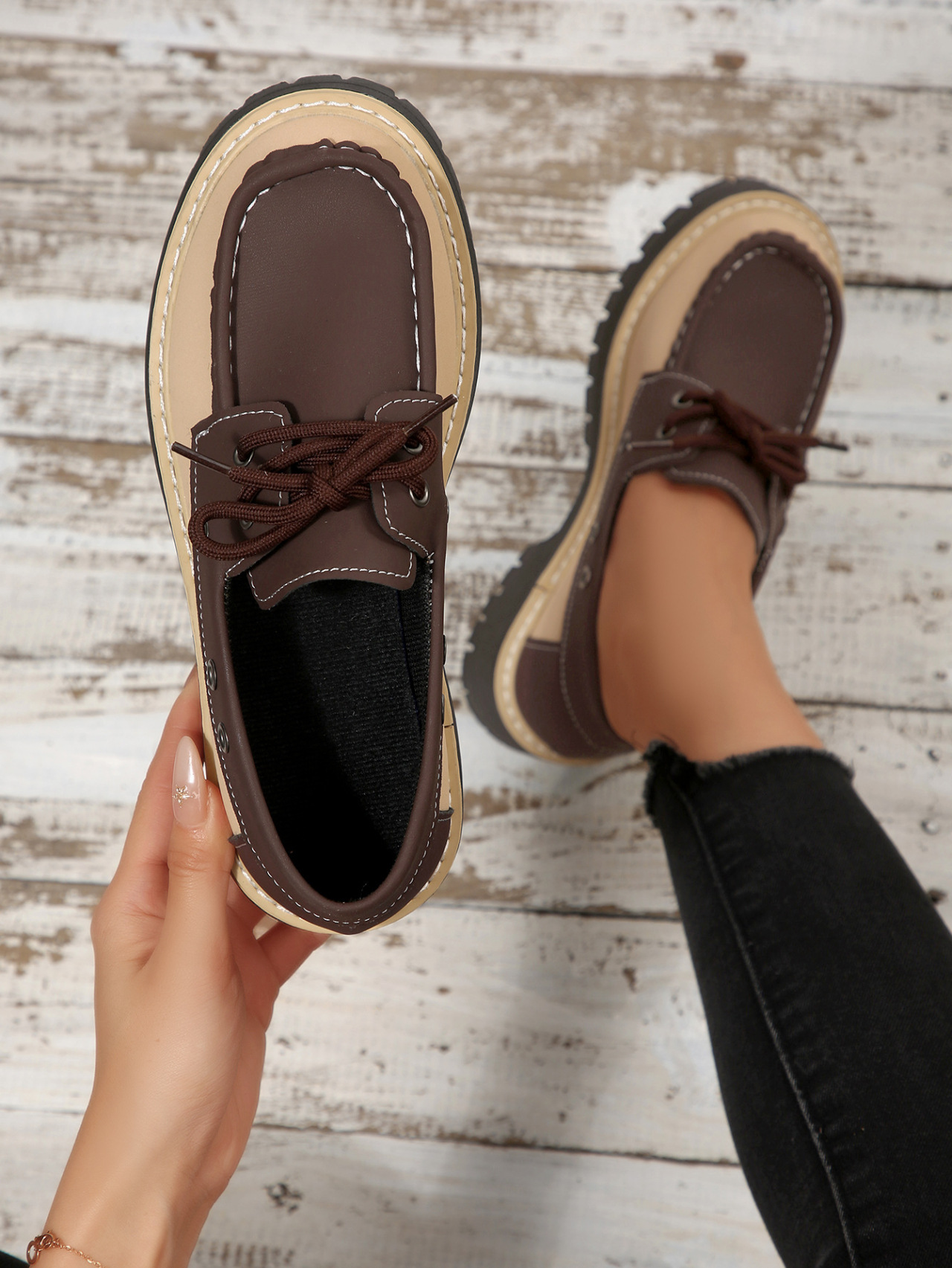 Women's Colour Block Loafers Lace Up Thick Sole Platform Shoes_voghion.com