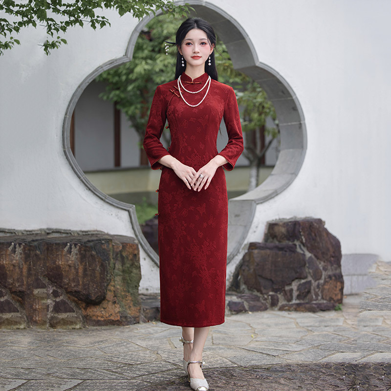 红色国风中式苏州长款秋季长袖旗袍改良年轻款女复古修身收腰春秋|undefined