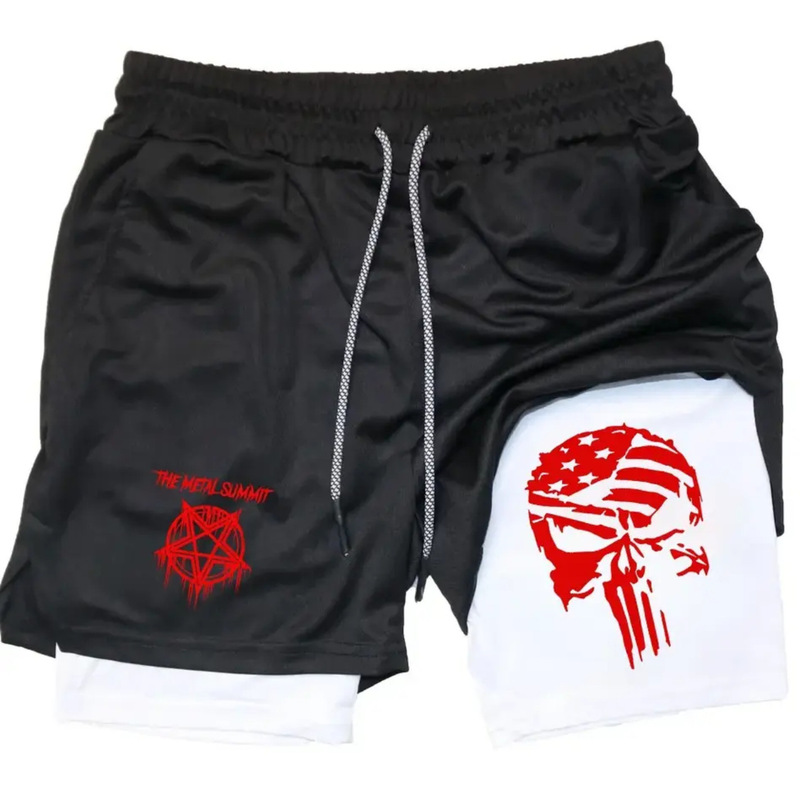 Cross-Border Dark Style Skull Personalized Printed Men's Shorts Double-Layer Two-In-One Fitness Running Sports Pants