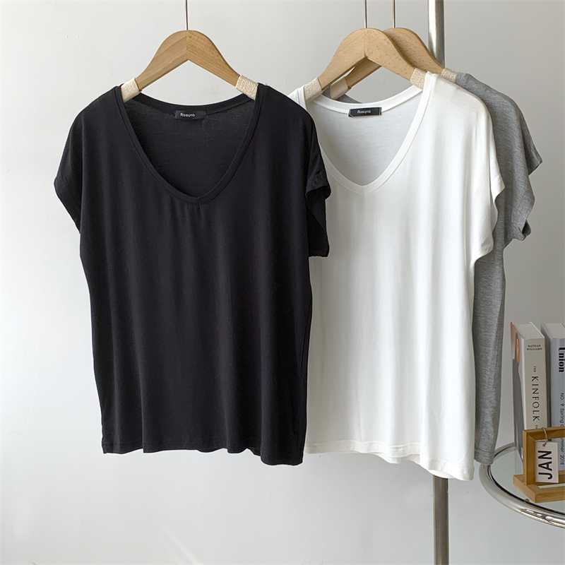 Modal Cotton Short-sleeved V-neck T-shirt Women's Thin Summer Loose Solid Color Top Soft Waxy Casual Home T-shirt